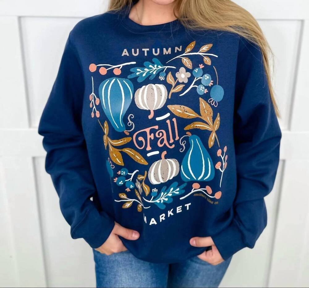 NEW SOUTHERN BLISS autumn market long sleeve graphic crewneck sweatshirt in navy